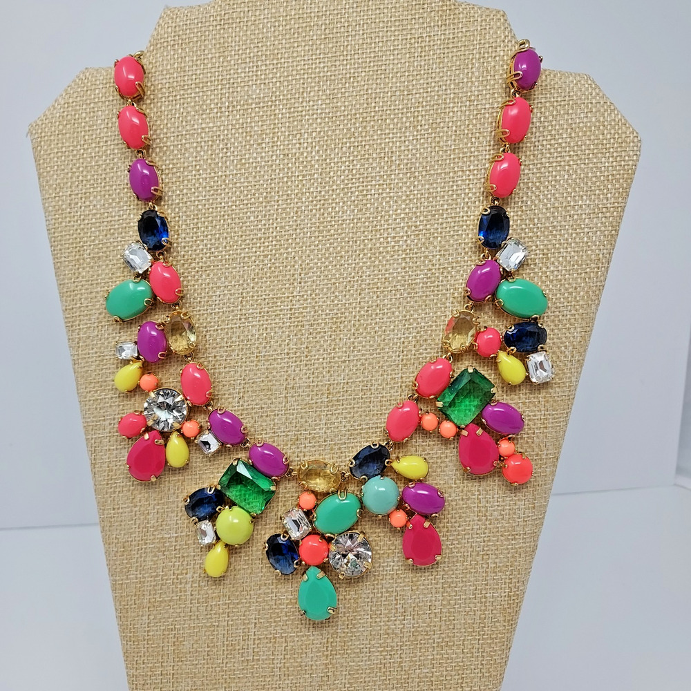 J Crew Colorful Statement Necklace Circa 2010 Party Signed 17" plus 2" Focal